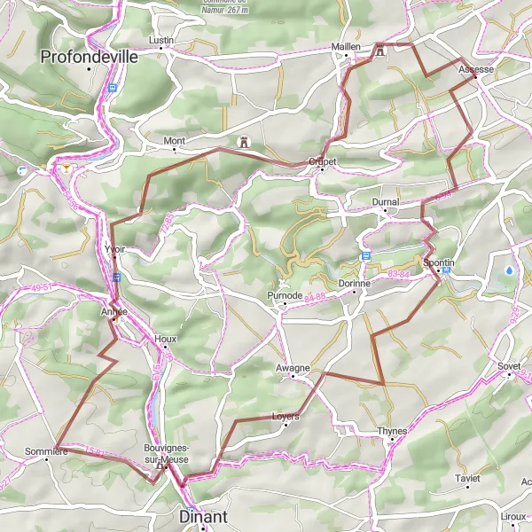 Miniatuurkaart van de fietsinspiratie "Gravelroute naar Spontin en Dinant" in Prov. Namur, Belgium. Gemaakt door de Tarmacs.app fietsrouteplanner