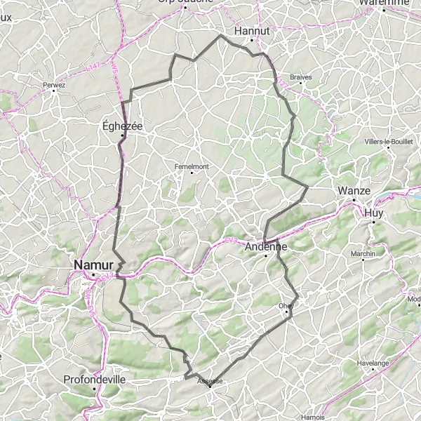 Map miniature of "Assesse to Gesves Road Route" cycling inspiration in Prov. Namur, Belgium. Generated by Tarmacs.app cycling route planner