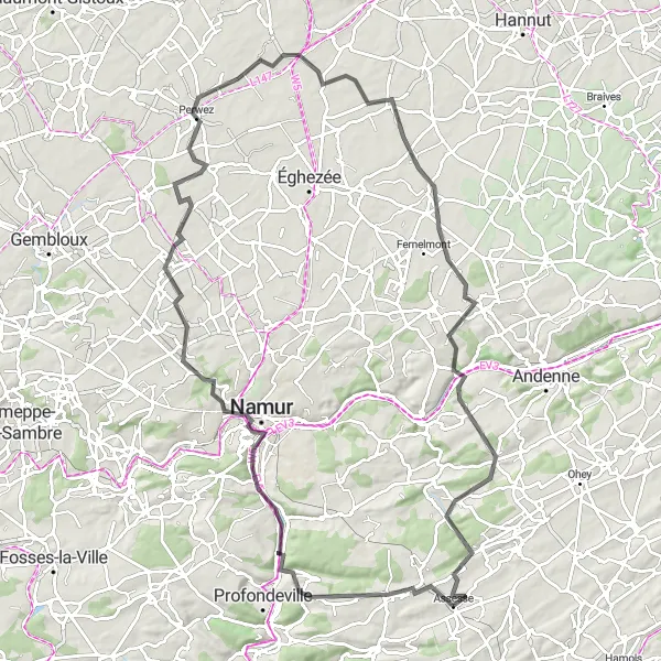 Map miniature of "Namur Century Ride" cycling inspiration in Prov. Namur, Belgium. Generated by Tarmacs.app cycling route planner