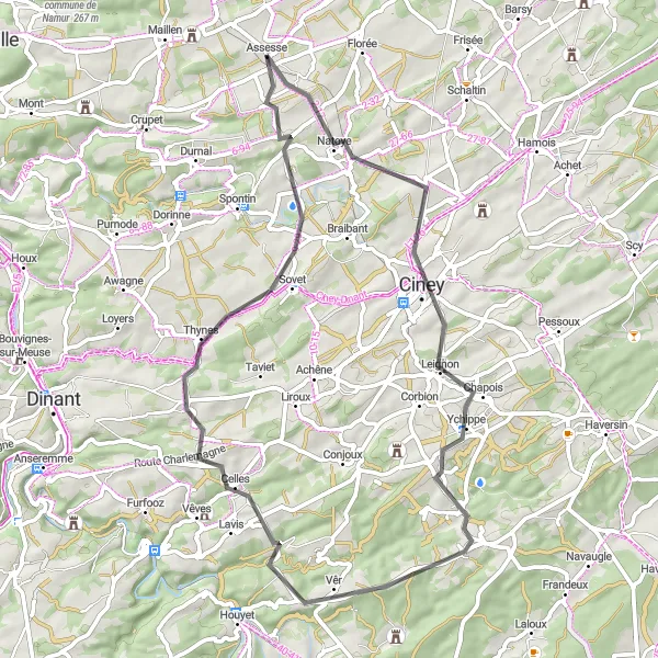 Miniatuurkaart van de fietsinspiratie "Pittoreske route naar Ciney en Foy-Notre-Dame" in Prov. Namur, Belgium. Gemaakt door de Tarmacs.app fietsrouteplanner