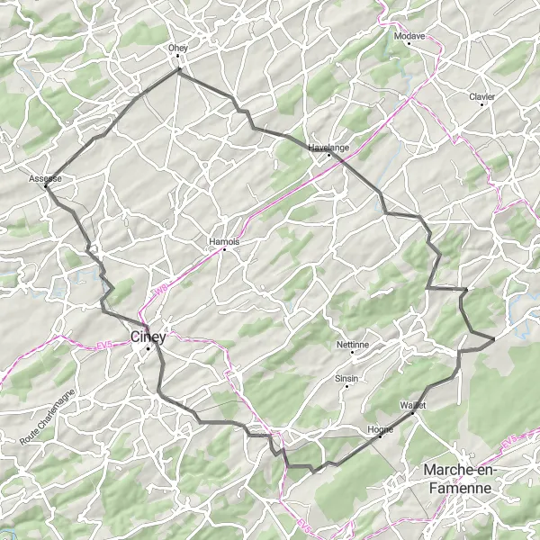 Miniatuurkaart van de fietsinspiratie "Wegavontuur door Gesves" in Prov. Namur, Belgium. Gemaakt door de Tarmacs.app fietsrouteplanner