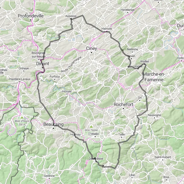 Map miniature of "Assesse to Beauraing Round Trip" cycling inspiration in Prov. Namur, Belgium. Generated by Tarmacs.app cycling route planner