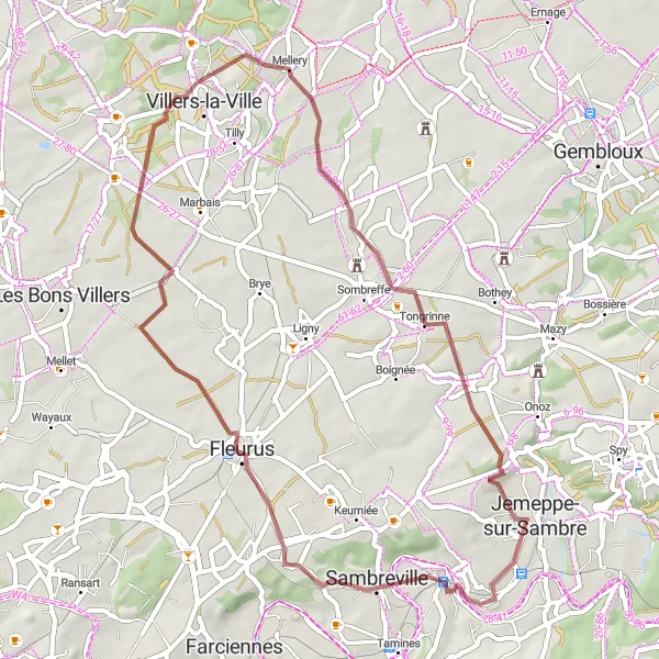 Miniature de la carte de l'inspiration cycliste "Boucle Gravel d'Auvelais à Jemeppe-sur-Sambre" dans la Prov. Namur, Belgium. Générée par le planificateur d'itinéraire cycliste Tarmacs.app