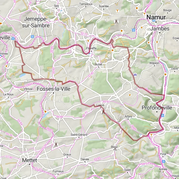 Miniatuurkaart van de fietsinspiratie "Avontuurlijke route naar Château de Lesve vanuit Auvelais" in Prov. Namur, Belgium. Gemaakt door de Tarmacs.app fietsrouteplanner