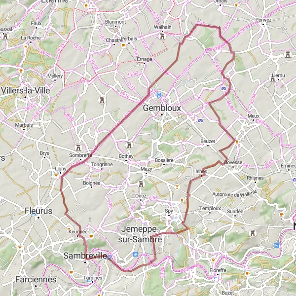 Miniatuurkaart van de fietsinspiratie "Rondrit vanuit Auvelais via Sambreville en Saint-Denis" in Prov. Namur, Belgium. Gemaakt door de Tarmacs.app fietsrouteplanner