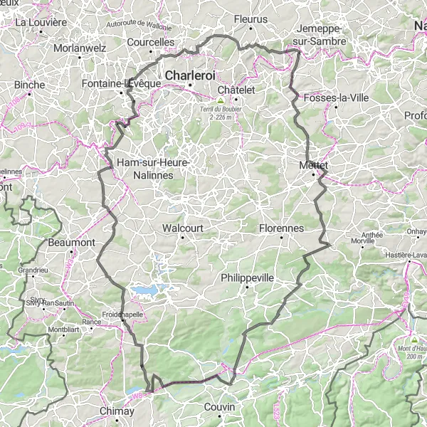 Miniatuurkaart van de fietsinspiratie "Route langs pittoreske dorpjes en historische bezienswaardigheden" in Prov. Namur, Belgium. Gemaakt door de Tarmacs.app fietsrouteplanner