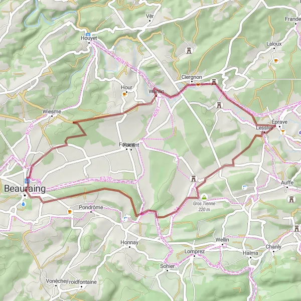 Miniature de la carte de l'inspiration cycliste "Les Vallées Vertes de Beauraing" dans la Prov. Namur, Belgium. Générée par le planificateur d'itinéraire cycliste Tarmacs.app