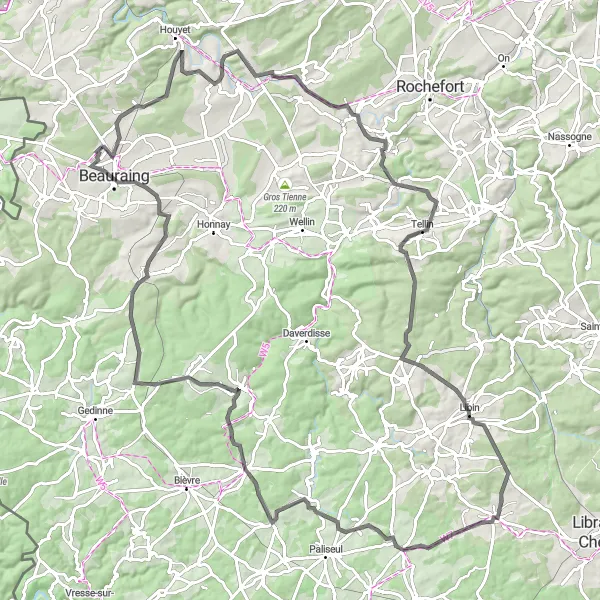Miniature de la carte de l'inspiration cycliste "Les Vallées de la Lesse et de la Lomme" dans la Prov. Namur, Belgium. Générée par le planificateur d'itinéraire cycliste Tarmacs.app