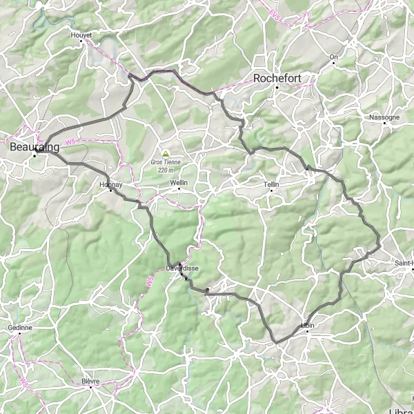 Map miniature of "Rolling Hills Tour" cycling inspiration in Prov. Namur, Belgium. Generated by Tarmacs.app cycling route planner