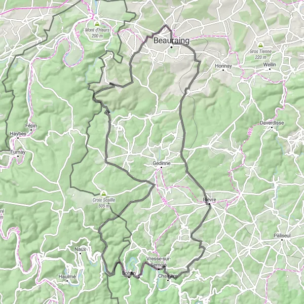 Karten-Miniaturansicht der Radinspiration "100 km Straßenfahrt in den Ardennen" in Prov. Namur, Belgium. Erstellt vom Tarmacs.app-Routenplaner für Radtouren