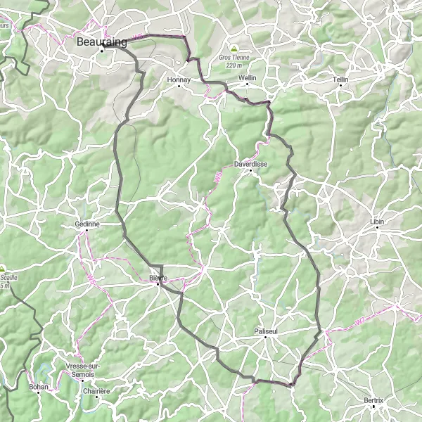 Karten-Miniaturansicht der Radinspiration "Straßenrundtour um Beauraing" in Prov. Namur, Belgium. Erstellt vom Tarmacs.app-Routenplaner für Radtouren