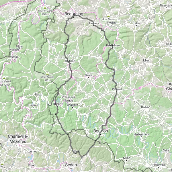 Miniature de la carte de l'inspiration cycliste "Route panoramique de Beauraing" dans la Prov. Namur, Belgium. Générée par le planificateur d'itinéraire cycliste Tarmacs.app