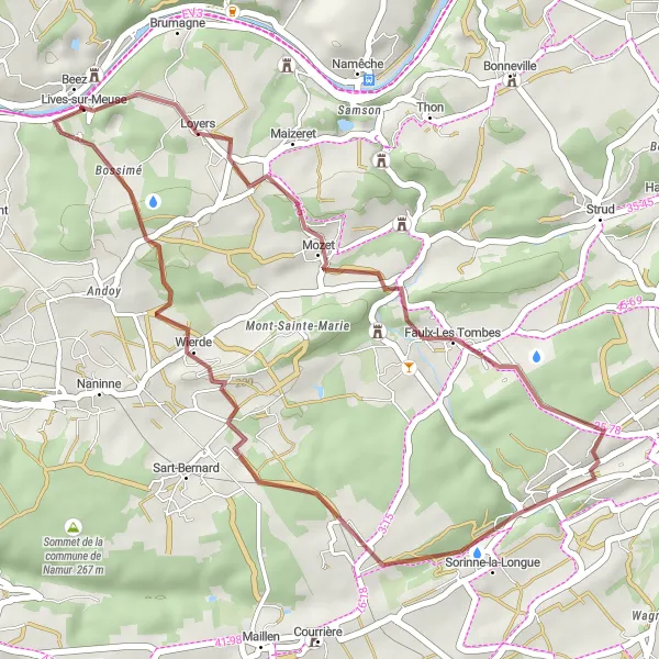 Map miniature of "Gravel Adventure in Beez" cycling inspiration in Prov. Namur, Belgium. Generated by Tarmacs.app cycling route planner