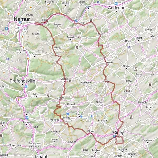 Miniatuurkaart van de fietsinspiratie "Gravelavontuur door de Ardennen" in Prov. Namur, Belgium. Gemaakt door de Tarmacs.app fietsrouteplanner