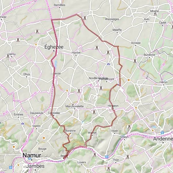 Map miniature of "Gravel Adventure to Boneffe" cycling inspiration in Prov. Namur, Belgium. Generated by Tarmacs.app cycling route planner