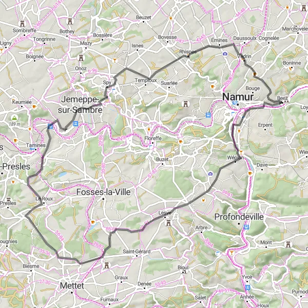 Map miniature of "Enchanting Trails of Beez" cycling inspiration in Prov. Namur, Belgium. Generated by Tarmacs.app cycling route planner