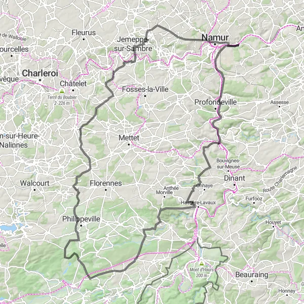 Map miniature of "Challenging Road Route with Spectacular Views" cycling inspiration in Prov. Namur, Belgium. Generated by Tarmacs.app cycling route planner