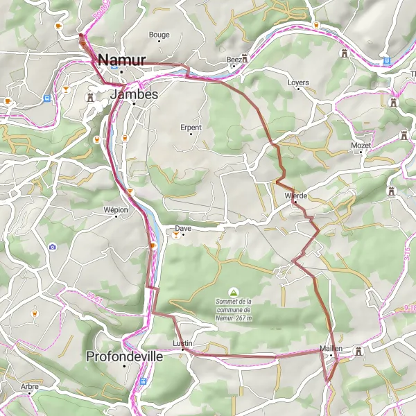 Map miniature of "Gravel Tour of Bouge Fire Viewpoint, Wierde, Tailfer, and La Plante" cycling inspiration in Prov. Namur, Belgium. Generated by Tarmacs.app cycling route planner