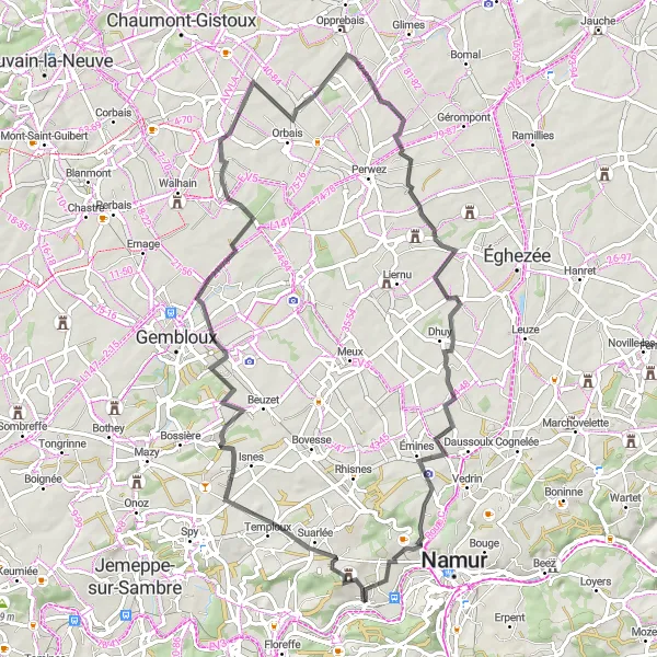 Map miniature of "Road Cycling Tour of Flawinne Castle, Lonzée, Malèves-Sainte-Marie-Wastines, Upigny, and Saint-Servais" cycling inspiration in Prov. Namur, Belgium. Generated by Tarmacs.app cycling route planner