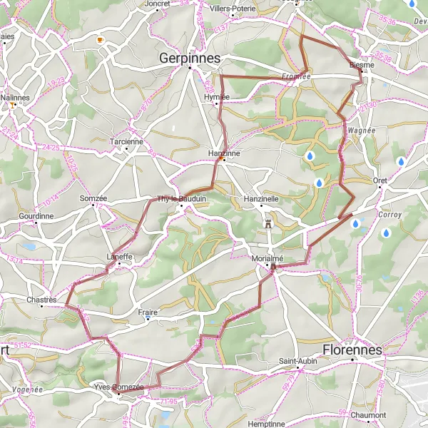 Map miniature of "Morialmé Gravel Adventure" cycling inspiration in Prov. Namur, Belgium. Generated by Tarmacs.app cycling route planner