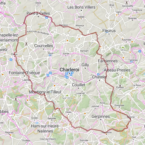 Karten-Miniaturansicht der Radinspiration "Gravelroute rund um Biesme und Pont-de-Loup" in Prov. Namur, Belgium. Erstellt vom Tarmacs.app-Routenplaner für Radtouren
