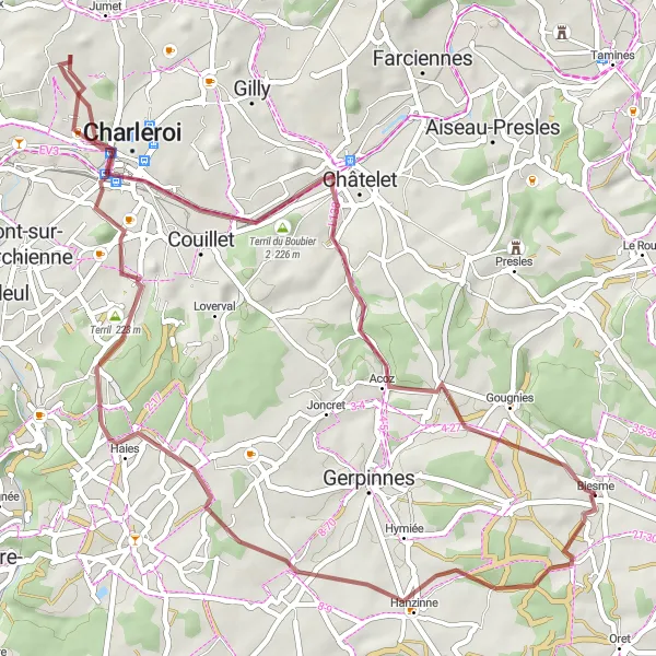 Miniature de la carte de l'inspiration cycliste "Les terrils de la région" dans la Prov. Namur, Belgium. Générée par le planificateur d'itinéraire cycliste Tarmacs.app