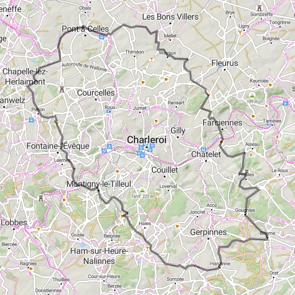 Miniature de la carte de l'inspiration cycliste "Biesme - Chapelle Sainte Rolende Tour" dans la Prov. Namur, Belgium. Générée par le planificateur d'itinéraire cycliste Tarmacs.app