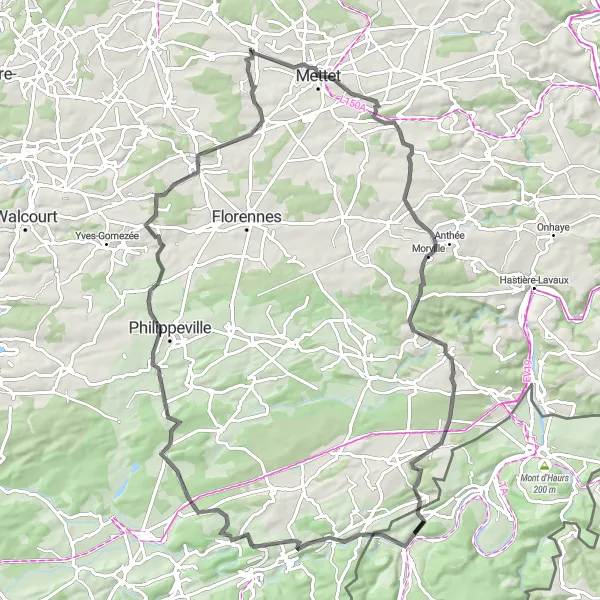 Map miniature of "Biesme to Oret: A Road Cycling Adventure" cycling inspiration in Prov. Namur, Belgium. Generated by Tarmacs.app cycling route planner
