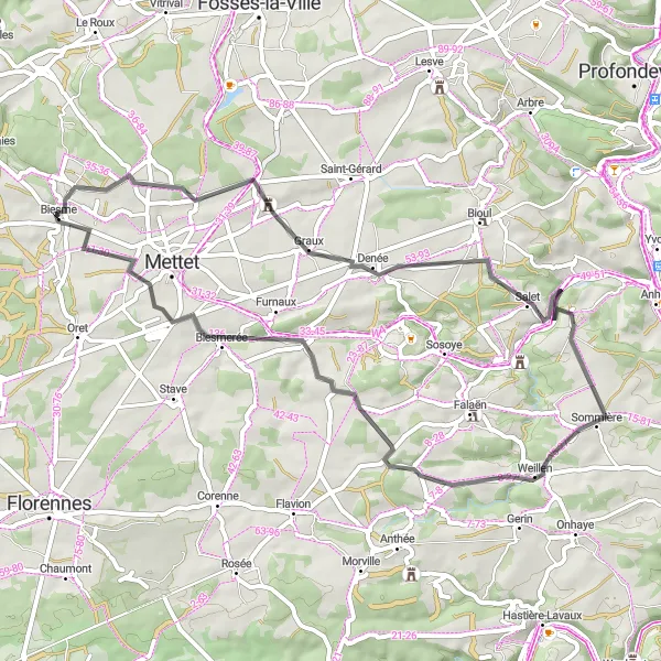 Karten-Miniaturansicht der Radinspiration "Rundtour durch die belgische Landschaft" in Prov. Namur, Belgium. Erstellt vom Tarmacs.app-Routenplaner für Radtouren