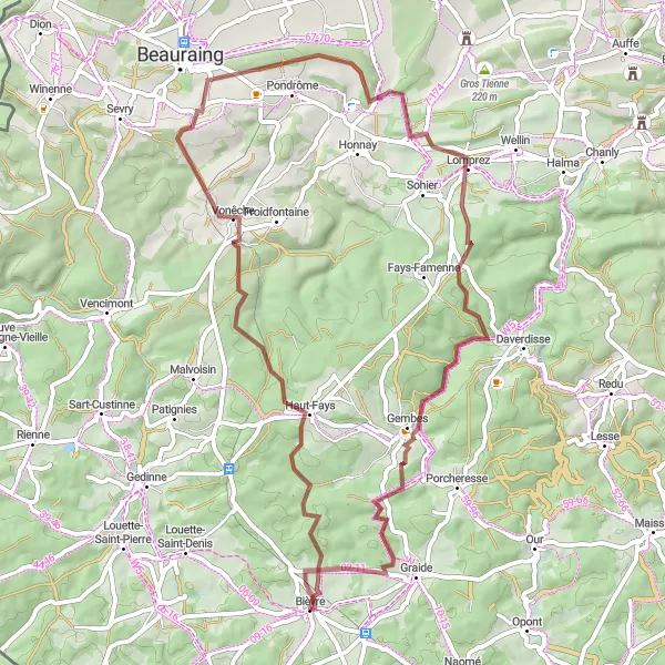 Karten-Miniaturansicht der Radinspiration "Gravelrundfahrt von Bièvre nach Gembes" in Prov. Namur, Belgium. Erstellt vom Tarmacs.app-Routenplaner für Radtouren