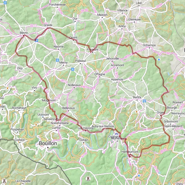 Miniatuurkaart van de fietsinspiratie "Gravelroute rond Bièvre en omgeving" in Prov. Namur, Belgium. Gemaakt door de Tarmacs.app fietsrouteplanner