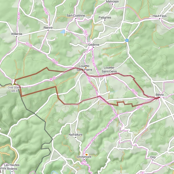 Miniatuurkaart van de fietsinspiratie "Gravelroute naar Houdremont en Louette-Saint-Pierre" in Prov. Namur, Belgium. Gemaakt door de Tarmacs.app fietsrouteplanner