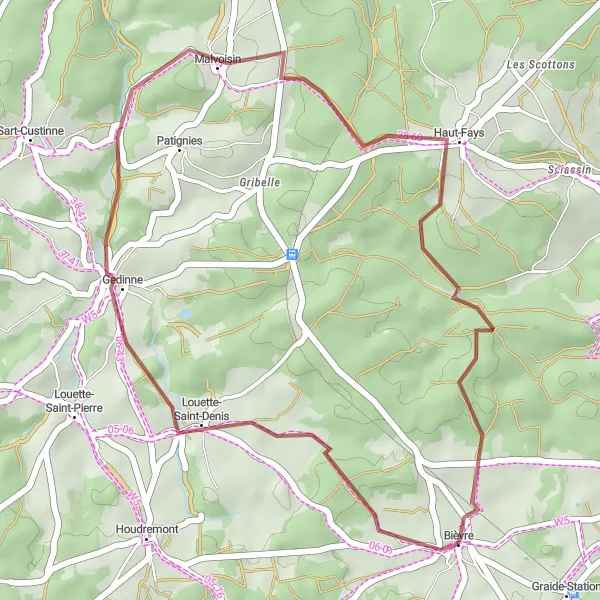 Map miniature of "Gravel Route from Bièvre" cycling inspiration in Prov. Namur, Belgium. Generated by Tarmacs.app cycling route planner