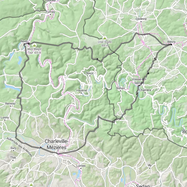 Miniature de la carte de l'inspiration cycliste "Exploration des Ardennes" dans la Prov. Namur, Belgium. Générée par le planificateur d'itinéraire cycliste Tarmacs.app