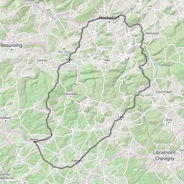 Karten-Miniaturansicht der Radinspiration "Bièvre - Rundtour über 95 km" in Prov. Namur, Belgium. Erstellt vom Tarmacs.app-Routenplaner für Radtouren