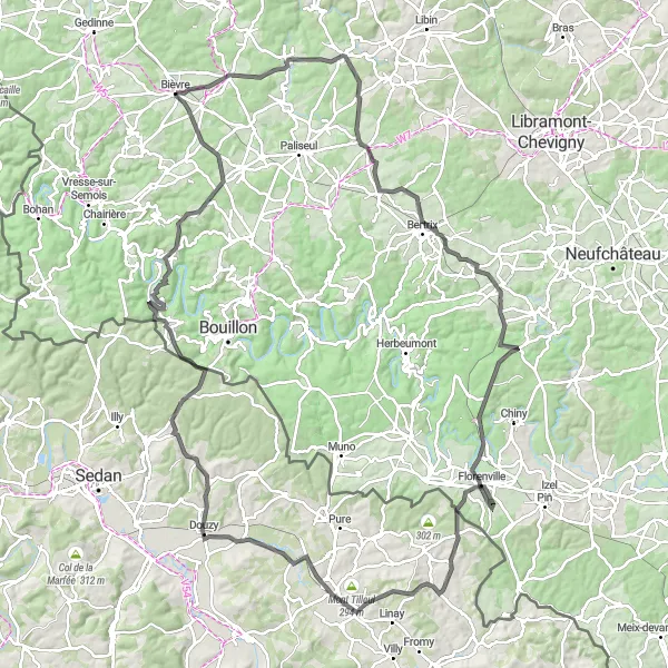 Karten-Miniaturansicht der Radinspiration "Bièvre - Rundtour über 127 km" in Prov. Namur, Belgium. Erstellt vom Tarmacs.app-Routenplaner für Radtouren