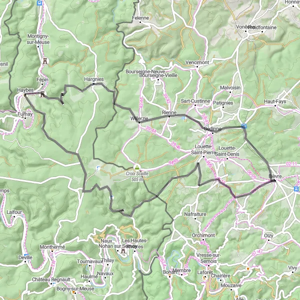 Karten-Miniaturansicht der Radinspiration "Bièvre - Rundtour über 70 km" in Prov. Namur, Belgium. Erstellt vom Tarmacs.app-Routenplaner für Radtouren