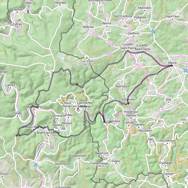 Karten-Miniaturansicht der Radinspiration "Rolling Hills Road Tour von Bièvre" in Prov. Namur, Belgium. Erstellt vom Tarmacs.app-Routenplaner für Radtouren