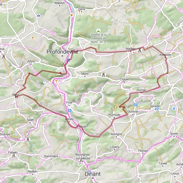 Miniatuurkaart van de fietsinspiratie "Avontuurlijke grindroute van 50 km rond Bioul" in Prov. Namur, Belgium. Gemaakt door de Tarmacs.app fietsrouteplanner