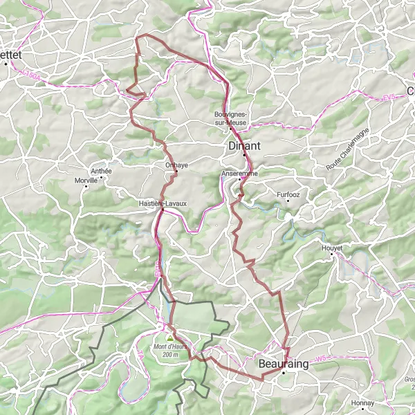 Map miniature of "Bioul and Finnevaux Gravel Challenge" cycling inspiration in Prov. Namur, Belgium. Generated by Tarmacs.app cycling route planner