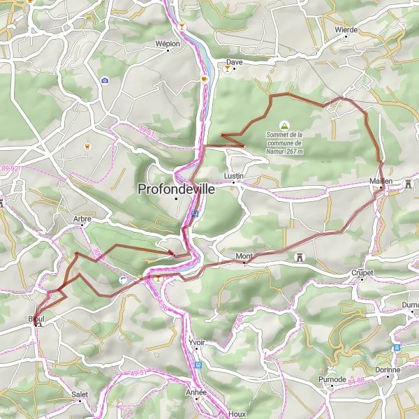 Miniatuurkaart van de fietsinspiratie "Grindpaden rond Bioul en omgeving" in Prov. Namur, Belgium. Gemaakt door de Tarmacs.app fietsrouteplanner