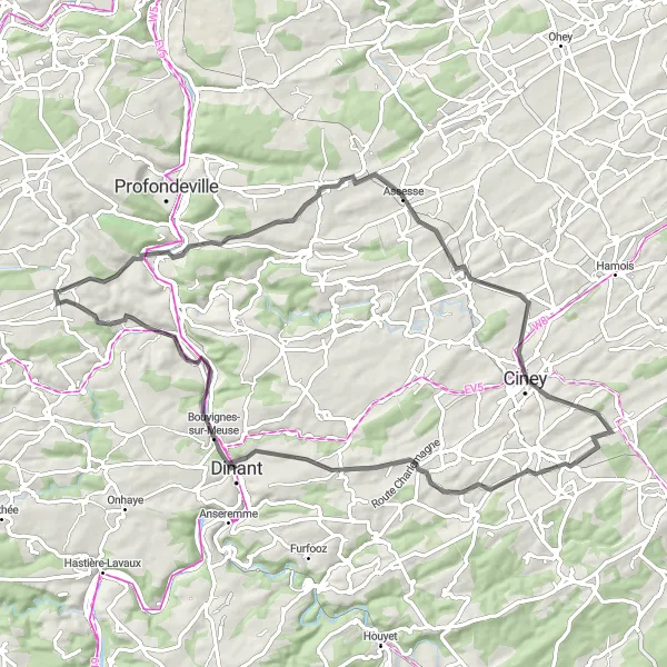 Map miniature of "Panoramic Views and Challenging Climbs" cycling inspiration in Prov. Namur, Belgium. Generated by Tarmacs.app cycling route planner