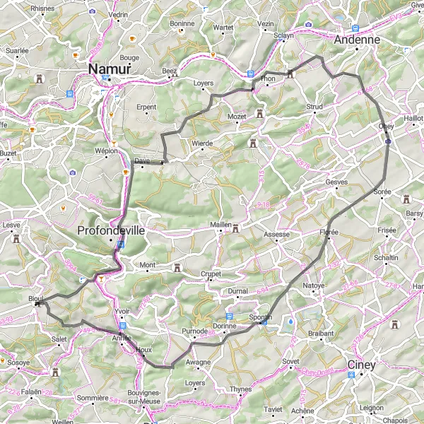 Karten-Miniaturansicht der Radinspiration "Fahrradtour entlang der Maas" in Prov. Namur, Belgium. Erstellt vom Tarmacs.app-Routenplaner für Radtouren