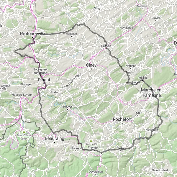 Map miniature of "Rivière and Nassogne Scenic Road Cycling Tour" cycling inspiration in Prov. Namur, Belgium. Generated by Tarmacs.app cycling route planner