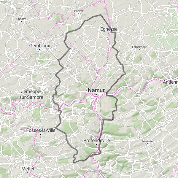 Karten-Miniaturansicht der Radinspiration "Schlösser und Panoramablicke" in Prov. Namur, Belgium. Erstellt vom Tarmacs.app-Routenplaner für Radtouren