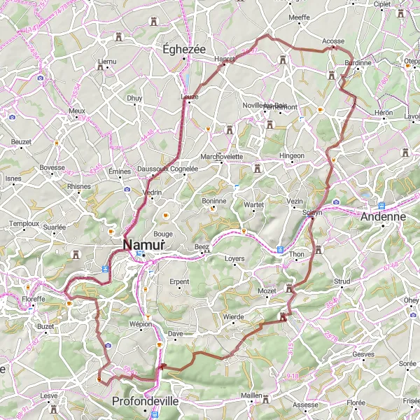 Map miniature of "Gravel Route through Bois-de-Villers" cycling inspiration in Prov. Namur, Belgium. Generated by Tarmacs.app cycling route planner