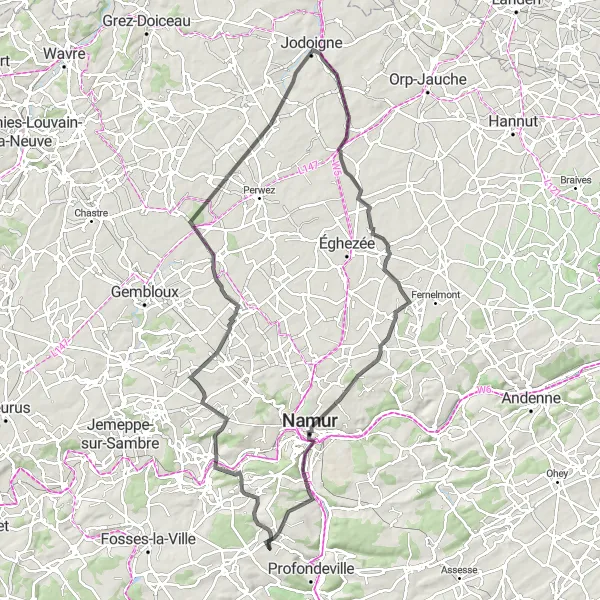 Miniature de la carte de l'inspiration cycliste "Randonnée des Châteaux et Abbayes" dans la Prov. Namur, Belgium. Générée par le planificateur d'itinéraire cycliste Tarmacs.app