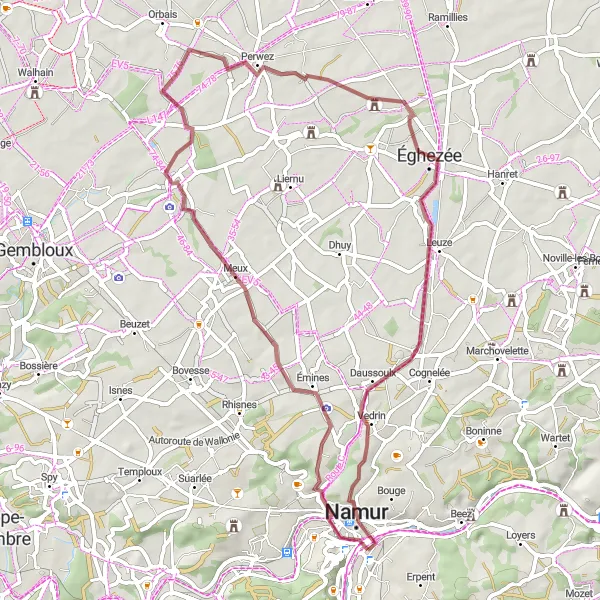 Map miniature of "Rural Exploration of Meux" cycling inspiration in Prov. Namur, Belgium. Generated by Tarmacs.app cycling route planner