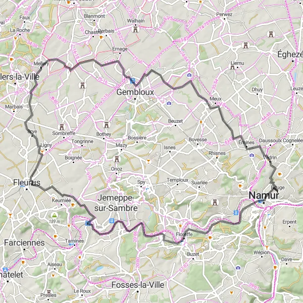 Miniatuurkaart van de fietsinspiratie "Uitdagende road route vanuit Bouge naar Vedrin" in Prov. Namur, Belgium. Gemaakt door de Tarmacs.app fietsrouteplanner