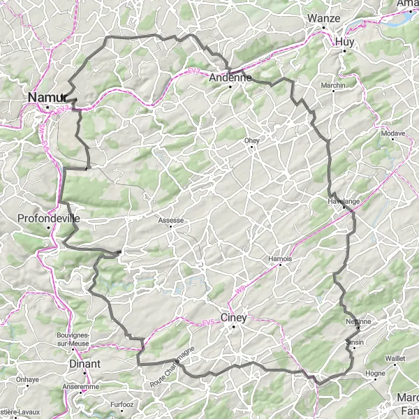 Map miniature of "Road Cycling Challenge in Namur" cycling inspiration in Prov. Namur, Belgium. Generated by Tarmacs.app cycling route planner